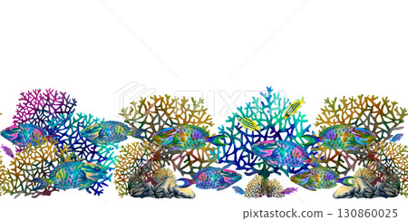 Seamless border of neon tropical parrot fish, rainbow corals on white background. Underwater watercolor template for marine design, cards, posters, stickers, scrapbooking, textile, diving, snorkeling 130860025