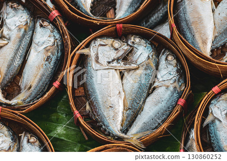 Long tail tuna in wooden bowls in Thailand market 130860252