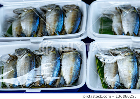 Long tail tuna wrapped in plastic trays in Thailand market Long tail tuna wrapped in plastic trays in Thailand market 130860253