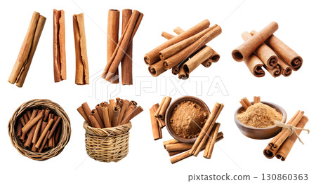 Cinnamon plant herb spice, many angles and view side top front basket powder pile stick isolated on transparent background cutout, PNG file. Mockup template 130860363