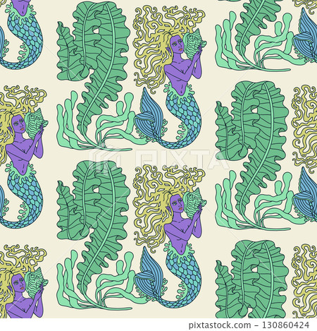 Beautiful long hair mermaid holding conch shell seamless pattern on beige background vector illustration 130860424