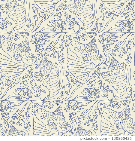 Blue and beige line art conch shell and corals coastal seamless pattern 130860425