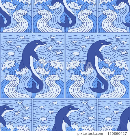Dolphin jumping from sea waves monochrome blue seamless pattern vector illustration 130860427