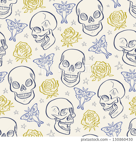Seamless pattern with hand drawn inky floral skulls surrounded by luna moths and roses 130860430