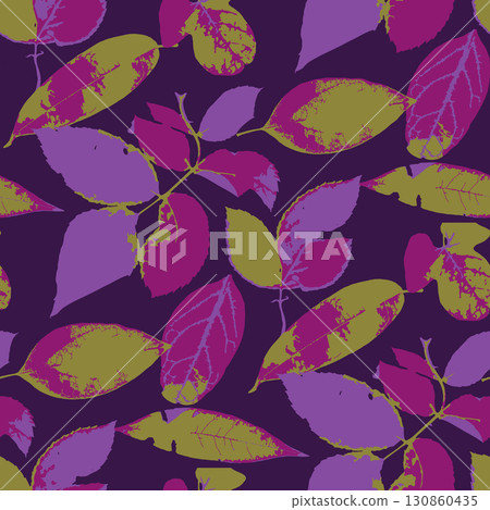 Seamless pattern with dry herbarium leaves in bold vivid colors. Cottagecore foliage wallpaper. Boho botanical texture Seamless pattern with dry herbarium leaves in bold vivid colors. Cottagecore foliage wallpaper. Boho botanical texture 130860435