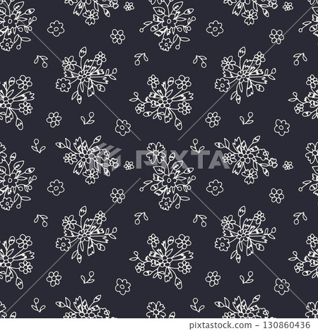 Monochrome ditsy floral seamless pattern on black background. Hand drawn vintage backdrop with tiny flower bouquets. Cottage core texture 130860436