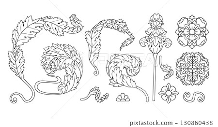 Art nouveau black and white acanthus leaves hand drawn floral set. Vintage monochrome botanical design element vector illustration bundle Art nouveau black and white acanthus leaves hand drawn floral set. Vintage monochrome botanical design element vector illustration bundle 130860438