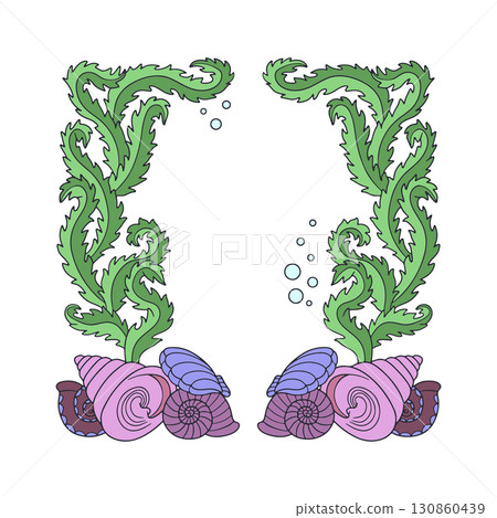 Elegant curvy Art nouveau style seaweed and sea shells frame hand drawn vector illustration 130860439