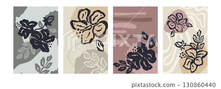 Set of poster or card with ink brush abstract sketch hibiscus flower and leaves organic shapes background. Minimalist floral composition bundle 130860440