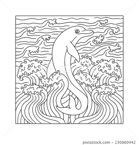 Art nouveau style dolphin jumping from ocean waves coloring page hand drawn vector illustration Art nouveau style dolphin jumping from ocean waves coloring page hand drawn vector illustration 130860442