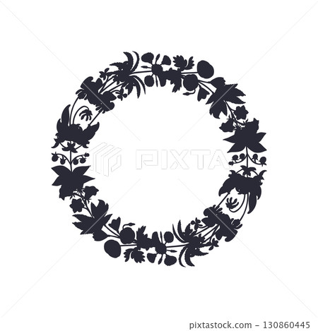 Hand drawn line art canary islands flowers black silhouette wreath 130860445