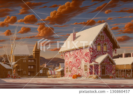 Peppermint Candy House in a Snowy Village with Pumpkins 130860457