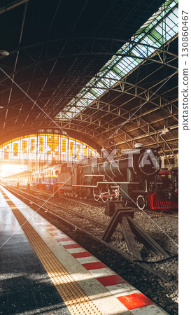 vintage trains at Hua Lamphong station in Bangkok, historic rail heritage, classic locomotives exhibition in grand Thai railway hall, nostalgic travel era vintage trains at Hua Lamphong station in Bangkok, historic rail heritage, classic locomotives exhibition in grand Thai railway hall, nostalgic travel era 130860467