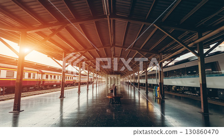 railway platform with modern design at sunset, vibrant train station area, contemporary transportation railway platform with modern design at sunset, vibrant train station area, contemporary transportation 130860470