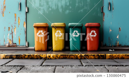Color-coded Recycling Bins Against Weathered Urban Wall 130860475