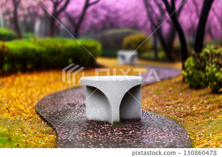 Modern Benches Along Rainy Park Path with Pink Blossoms 130860478