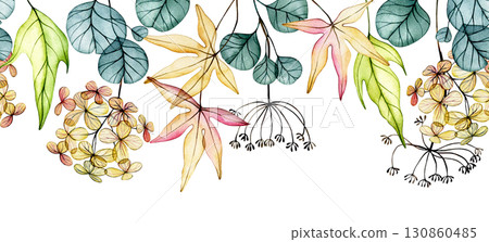 Seamless border of delicate watercolor autumn leaves. Transparent flowers, dry leaves. Seamless border of delicate watercolor autumn leaves. Transparent flowers, dry leaves. 130860485