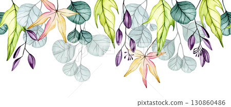 Seamless border of delicate watercolor autumn leaves. Transparent flowers, dry leaves. 130860486