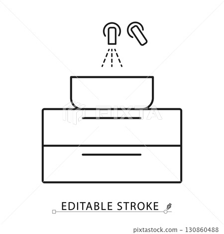 A washbasin icon in minimalist style with editable stroke. Bathroom furniture, sink with cabinet, water tap, interior element, modern design, household utility, hygiene symbol, home equipment. A washbasin icon in minimalist style with editable stroke. Bathroom furniture, sink with cabinet, water tap, interior element, modern design, household utility, hygiene symbol, home equipment. 130860488