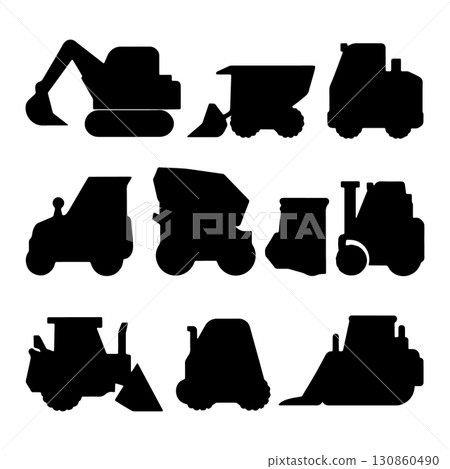 Construction equipment silhouettes showcasing various machinery in a compact design 130860490