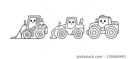Cute cartoon construction vehicles lined up in a whimsical design on a white background showcasing their happy faces 130860491