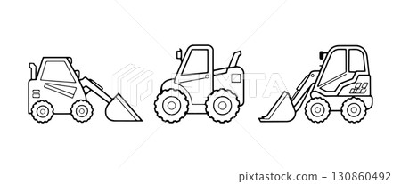 Various types of construction vehicles lined up in a simple design showcasing their distinct shapes and functionalities 130860492