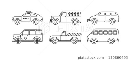 Different types of vehicles showcased in a linear arrangement, emphasizing utility and purpose in a simple design 130860493