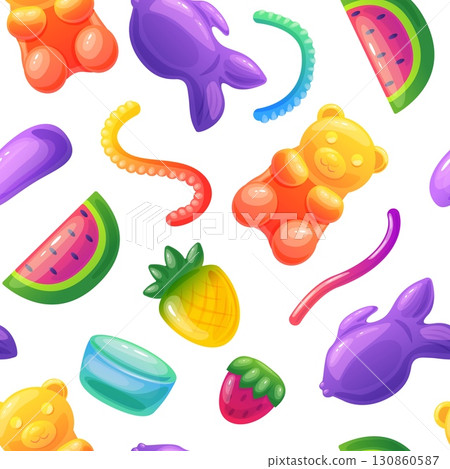 Jelly candies seamless pattern. Sweet gummies, juicy gummy bear pineapple fish worm. Delicious children dessert, bright print nowaday vector background 130860587