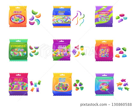 Gummies sweets packs. Jelly candy in vibrant plastic bags. Gummy different shapes worms fruits bears berries fish. Sweet snack, nowaday vector clipart 130860588