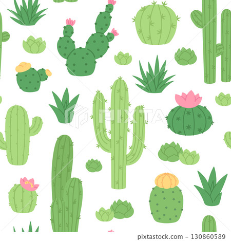 Cartoon cactus seamless pattern. Desert plants, green cacti and succulents. Decorative print template for fabric or wallpaper, racy vector background 130860589
