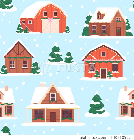 Winter houses seamless pattern. Christmas decorations on red barn and wooden countryside buildings. Fir tree in snow, holiday racy vector background Winter houses seamless pattern. Christmas decorations on red barn and wooden countryside buildings. Fir tree in snow, holiday racy vector background 130860592