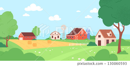 Country landscape. Wooden houses and red barns, water tower or granary. Agricultural fields, farm buildings, tree, hay. Nature racy vector background 130860593