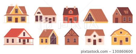Wooden country cabins. Cartoon huts and houses, countryside buildings. Different rustic bungalow for rest on nature, cottages racy vector set 130860600