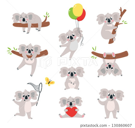 Cartoon koala characters. Funny koala animals different poses. Australian wild animal with red heart and balloons, on eucalyptus, classy vector clipart Cartoon koala characters. Funny koala animals different poses. Australian wild animal with red heart and balloons, on eucalyptus, classy vector clipart 130860607