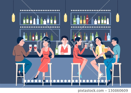 People drinking in bar. Adults sitting at the bar and chatting, drink cocktails beer and wine. Couple on dating and friends meeting, recent vector scene People drinking in bar. Adults sitting at the bar and chatting, drink cocktails beer and wine. Couple on dating and friends meeting, recent vector scene 130860609