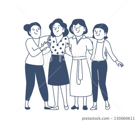 Friends hugging. Doodle female characters stand together and hugs each other. Woman friendship enjoying, simple outline style recent vector scene Friends hugging. Doodle female characters stand together and hugs each other. Woman friendship enjoying, simple outline style recent vector scene 130860611