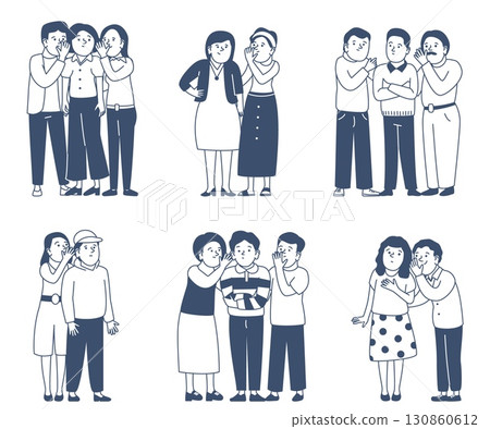 Gossip people. Friends and couple whispers, quietly talking and telling secrets. Conspiratorial characters, intrigue and rumors, recent vector scenes 130860612