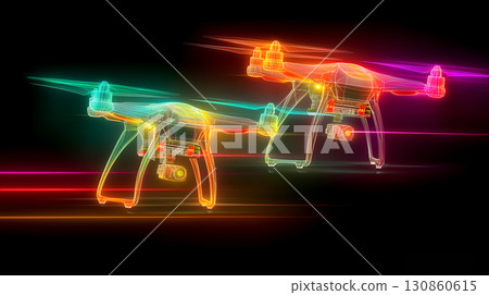 Neon-Style Illustration of Two Drones in Motion with Light Trails Neon-Style Illustration of Two Drones in Motion with Light Trails 130860615