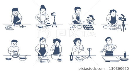 Food bloggers. People cooking on cameras, shooting reels or video, doing photo for blog. Prepare lunch dinner with child, recent vector scenes Food bloggers. People cooking on cameras, shooting reels or video, doing photo for blog. Prepare lunch dinner with child, recent vector scenes 130860620
