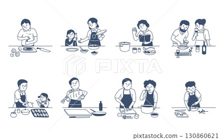 Doodle people cooking. Person on kitchen prepare food with children and friends. Couple cook dinner or lunch, baking process with kid, recent vector set Doodle people cooking. Person on kitchen prepare food with children and friends. Couple cook dinner or lunch, baking process with kid, recent vector set 130860621