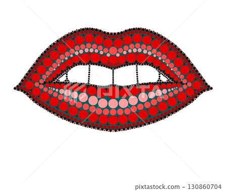 A drawing of lips made of colored circles and dots. Drawing in mandala style. 130860704