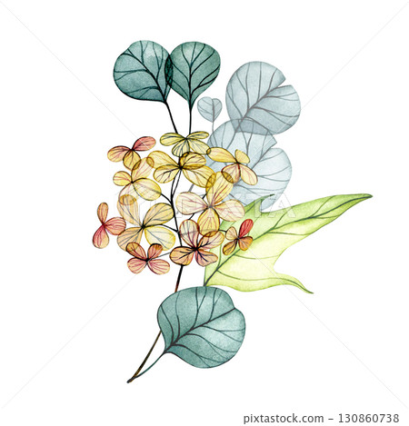 Bouquet of delicate watercolor autumn leaves. Transparent flowers, dry leaves. 130860738