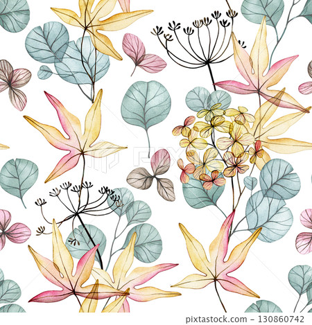 Seamless pattern of delicate watercolor autumn leaves. Transparent flowers, dry leaves. 130860742