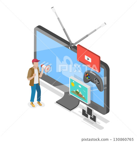 3D Isometric Flat Vector Illustration of Streaming Video Services, Watching TV. Item 1 3D Isometric Flat Vector Illustration of Streaming Video Services, Watching TV. Item 1 130860765