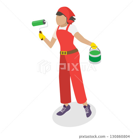 3D Isometric Flat Vector Illustration of Female Repairman , Painter Professional at Work. Item 2 3D Isometric Flat Vector Illustration of Female Repairman , Painter Professional at Work. Item 2 130860804