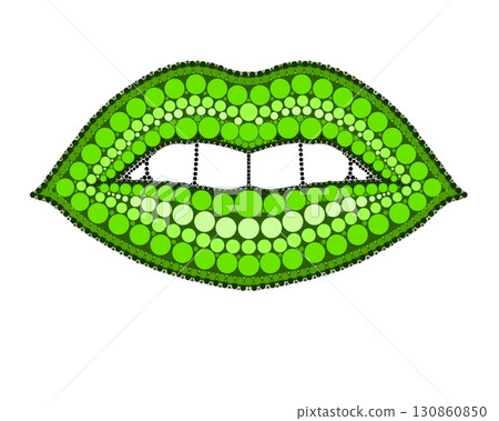 A drawing of lips made of colored circles and dots. Drawing in mandala style. 130860850