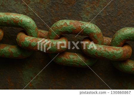 Rusty green painted chain links showing weathered metal texture and industrial decay detail with rough surface and corrosion effects 130860867