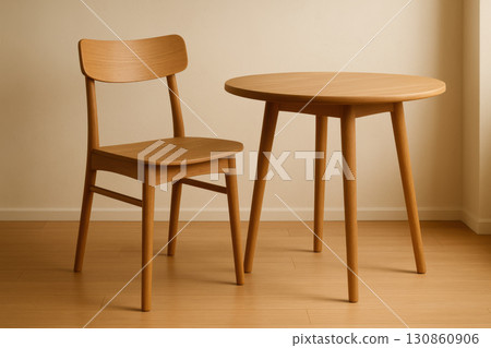 Minimalist wooden chair and round table with warm natural tones in modern interior setting, creating cozy and inviting atmosphere with simple Scandinavian design elements 130860906
