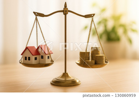 Balance scale comparing miniature houses to coin stacks on wooden surface with blurred background, symbolizing real estate market valuation and financial balance 130860959