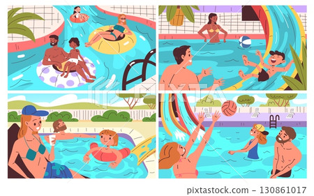 Family aquapark. People with kids having fun in waterpark, couple relaxing by pool children swim ride on water slides summer vacation amusement aqua park classy vector illustration Family aquapark. People with kids having fun in waterpark, couple relaxing by pool children swim ride on water slides summer vacation amusement aqua park classy vector illustration 130861017